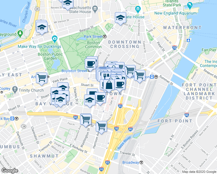map of restaurants, bars, coffee shops, grocery stores, and more near 8 Kneeland Street in Boston
