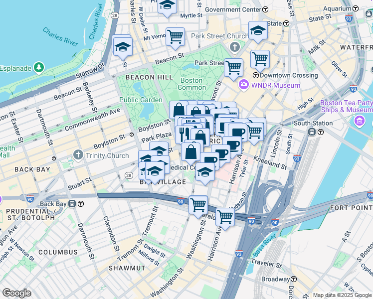 map of restaurants, bars, coffee shops, grocery stores, and more near 110 Stuart Street in Boston