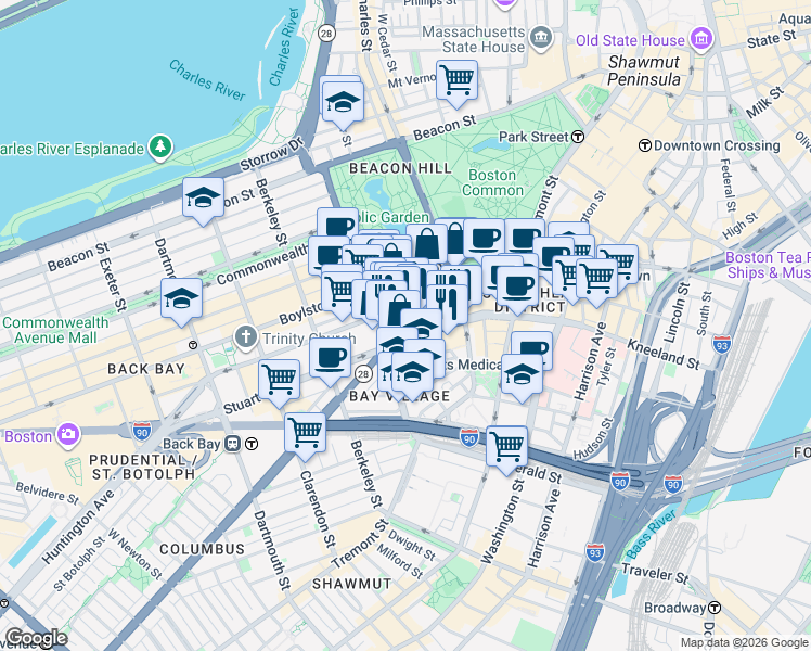 map of restaurants, bars, coffee shops, grocery stores, and more near in Boston