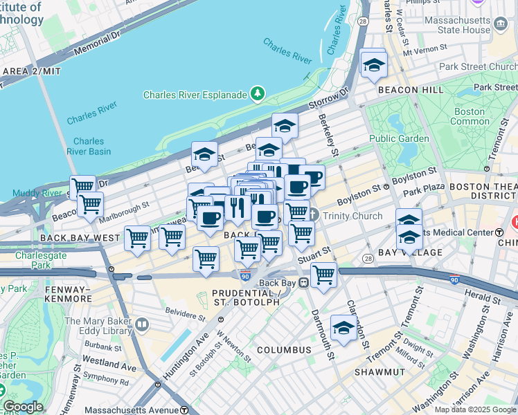 map of restaurants, bars, coffee shops, grocery stores, and more near 176 Newbury Street in Boston