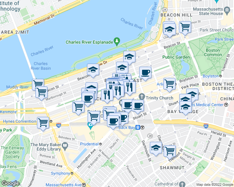 map of restaurants, bars, coffee shops, grocery stores, and more near 176 Newbury Street in Boston