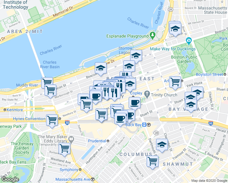 map of restaurants, bars, coffee shops, grocery stores, and more near 196 Massachusetts 2 in Boston