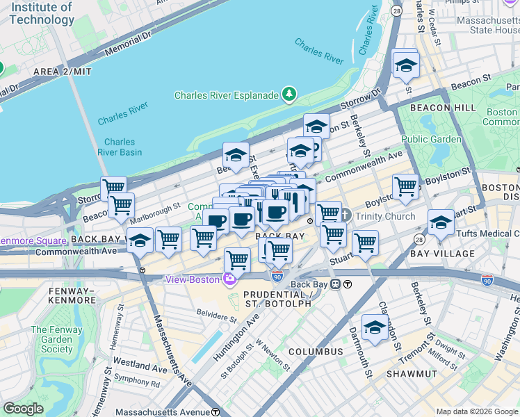 map of restaurants, bars, coffee shops, grocery stores, and more near 25 Exeter Street in Boston
