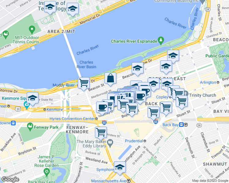 map of restaurants, bars, coffee shops, grocery stores, and more near 11 Gloucester Street in Boston