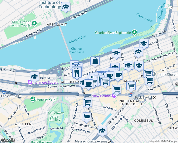 map of restaurants, bars, coffee shops, grocery stores, and more near 18 Hereford Street in Boston