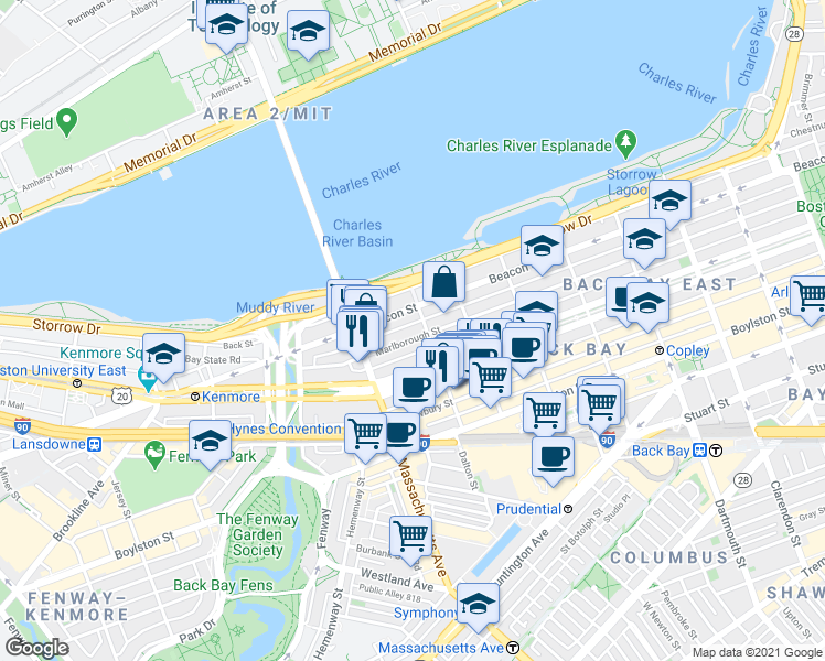map of restaurants, bars, coffee shops, grocery stores, and more near 18 Hereford Street in Boston