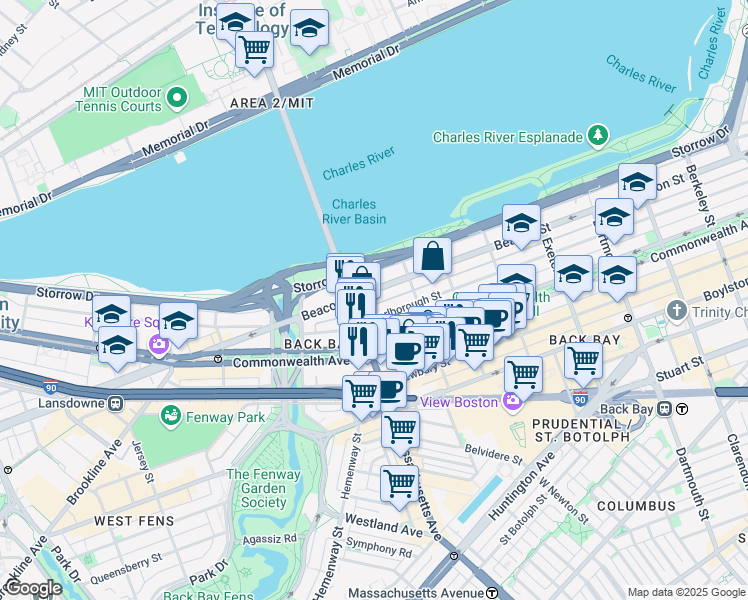 map of restaurants, bars, coffee shops, grocery stores, and more near 457 Beacon Street in Boston