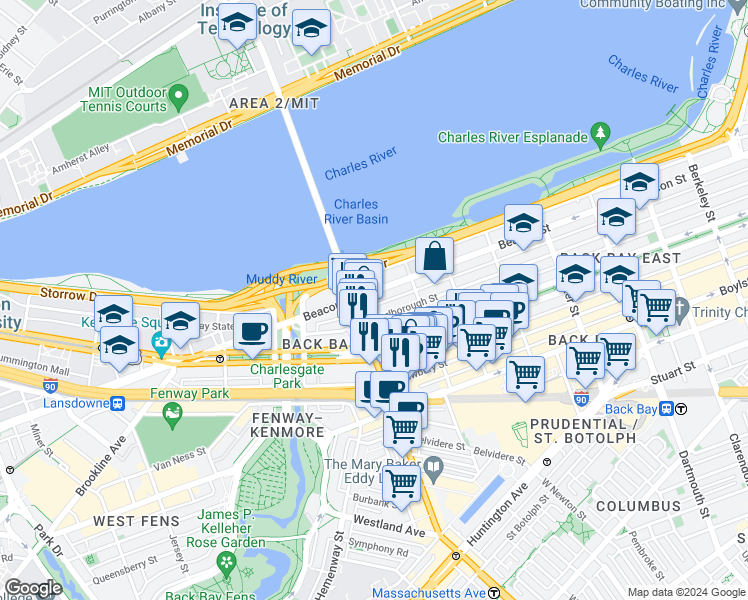 map of restaurants, bars, coffee shops, grocery stores, and more near 457 Beacon Street in Boston