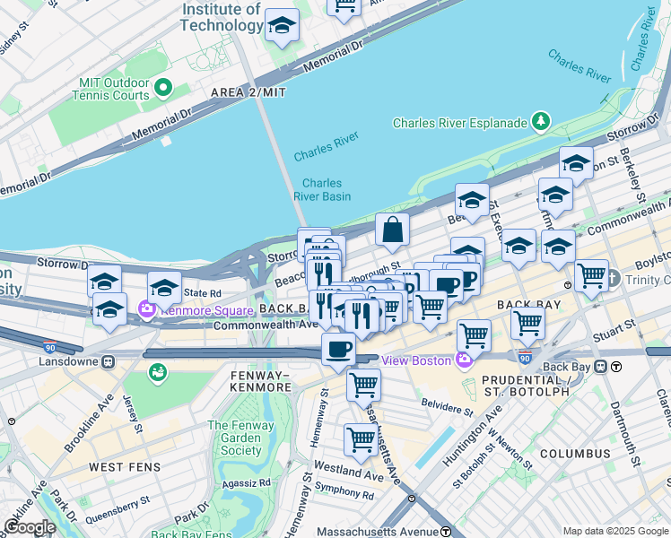 map of restaurants, bars, coffee shops, grocery stores, and more near 457 Beacon Street in Boston