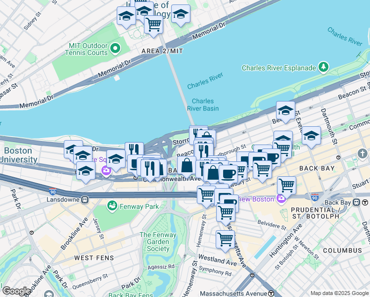 map of restaurants, bars, coffee shops, grocery stores, and more near in Boston