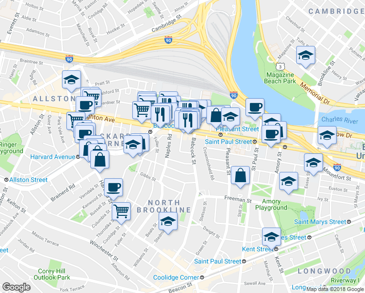 map of restaurants, bars, coffee shops, grocery stores, and more near 20 Winslow Road in Brookline