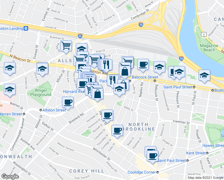 map of restaurants, bars, coffee shops, grocery stores, and more near 11 Chester Street in Boston