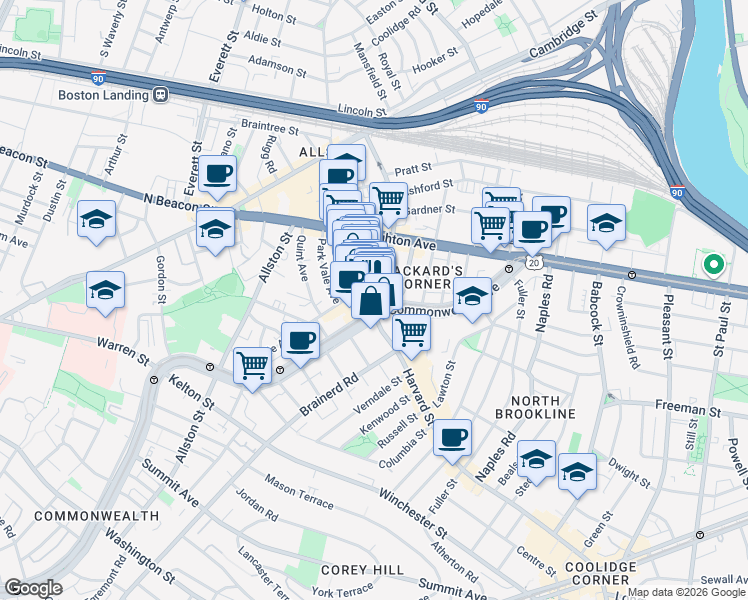 map of restaurants, bars, coffee shops, grocery stores, and more near 1245 Commonwealth Avenue in Boston