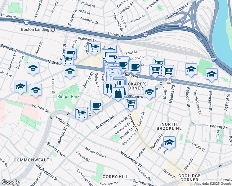 map of restaurants, bars, coffee shops, grocery stores, and more near 1245 Commonwealth Avenue in Boston