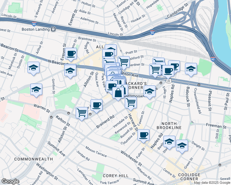 map of restaurants, bars, coffee shops, grocery stores, and more near 1245 Commonwealth Avenue in Boston