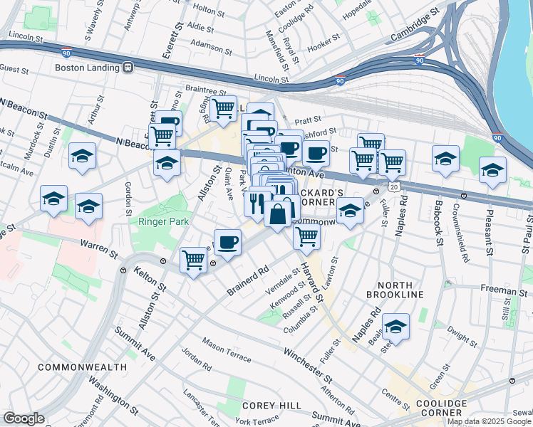 map of restaurants, bars, coffee shops, grocery stores, and more near 1245 Commonwealth Avenue in Boston