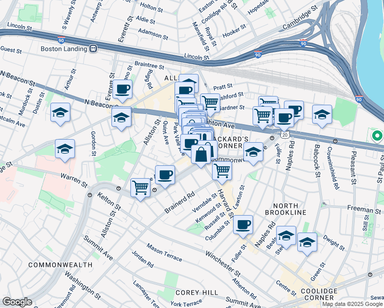map of restaurants, bars, coffee shops, grocery stores, and more near 1245 Commonwealth Avenue in Boston