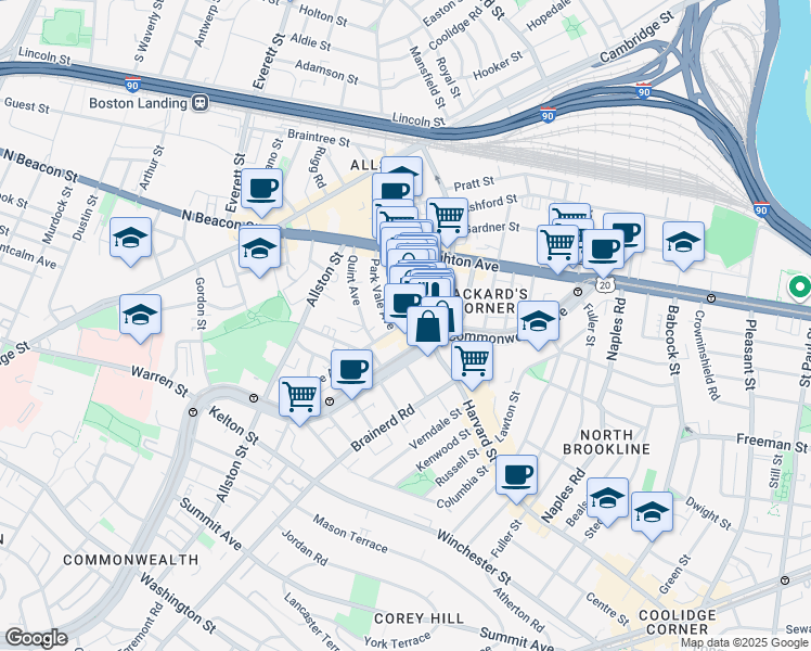 map of restaurants, bars, coffee shops, grocery stores, and more near 1245 Commonwealth Avenue in Boston