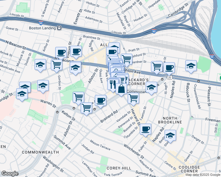 map of restaurants, bars, coffee shops, grocery stores, and more near 10-14 Park Vale Avenue in Boston