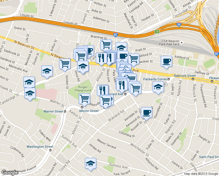 map of restaurants, bars, coffee shops, grocery stores, and more near 17 Radcliffe Road in Boston