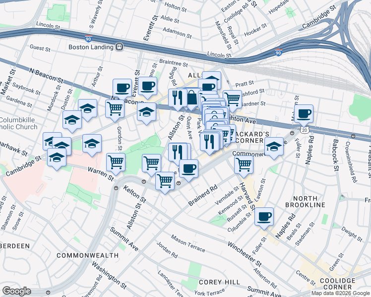 map of restaurants, bars, coffee shops, grocery stores, and more near 17 Radcliffe Road in Boston