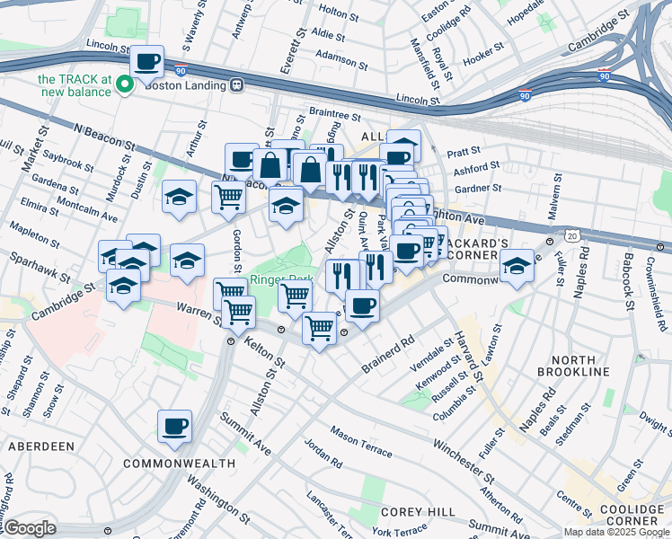 map of restaurants, bars, coffee shops, grocery stores, and more near 68 Allston Street in Boston