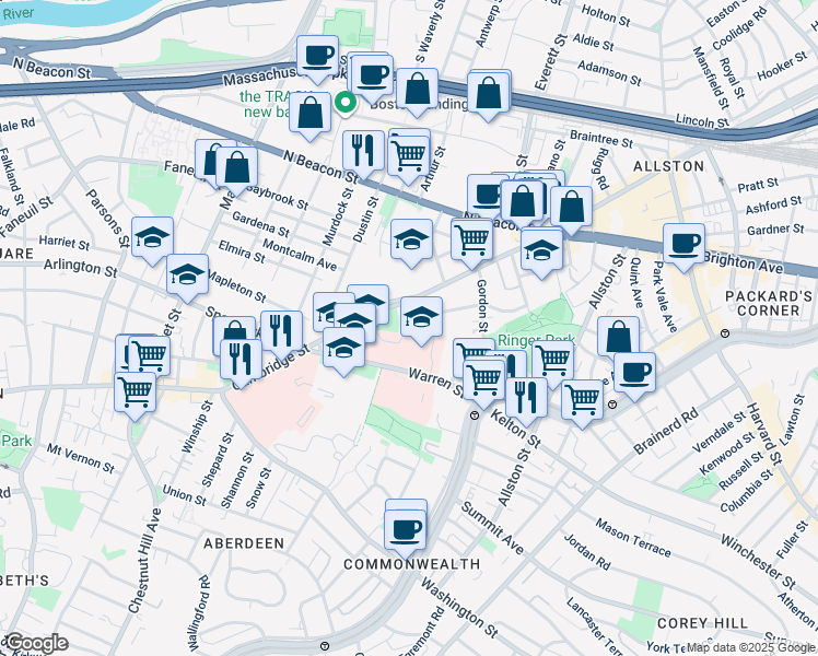 map of restaurants, bars, coffee shops, grocery stores, and more near 64 Ridgemont Street in Boston