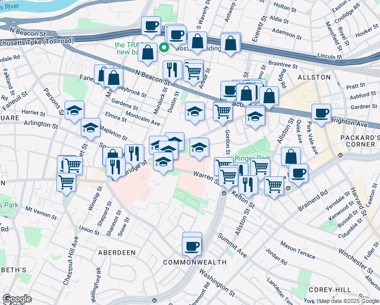 map of restaurants, bars, coffee shops, grocery stores, and more near 64 Ridgemont Street in Boston