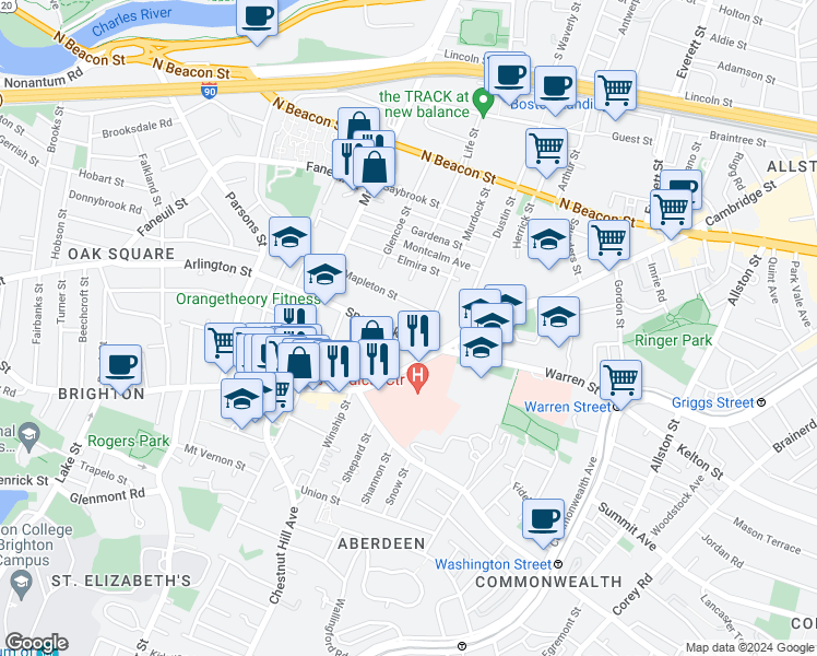 map of restaurants, bars, coffee shops, grocery stores, and more near 30 Murdock Street in Boston