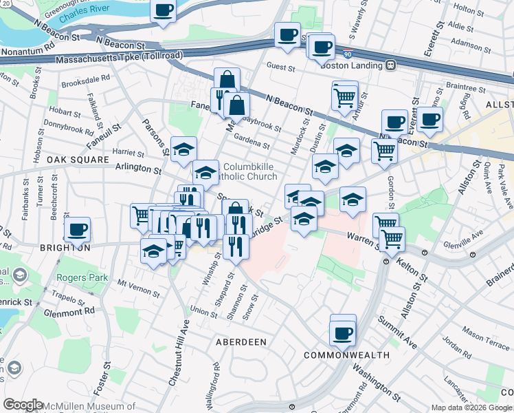 map of restaurants, bars, coffee shops, grocery stores, and more near 30 Murdock Street in Boston