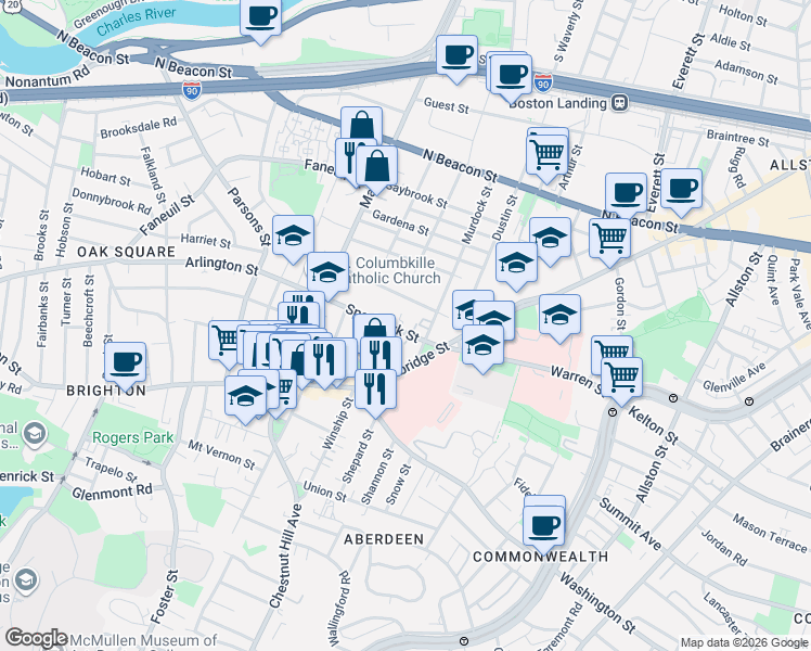 map of restaurants, bars, coffee shops, grocery stores, and more near 30 Murdock Street in Boston