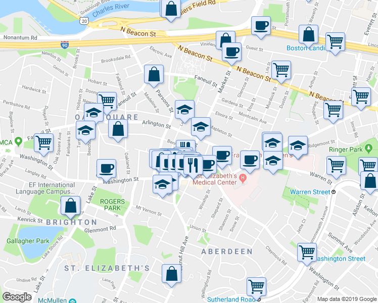 map of restaurants, bars, coffee shops, grocery stores, and more near 359 Market Street in Boston