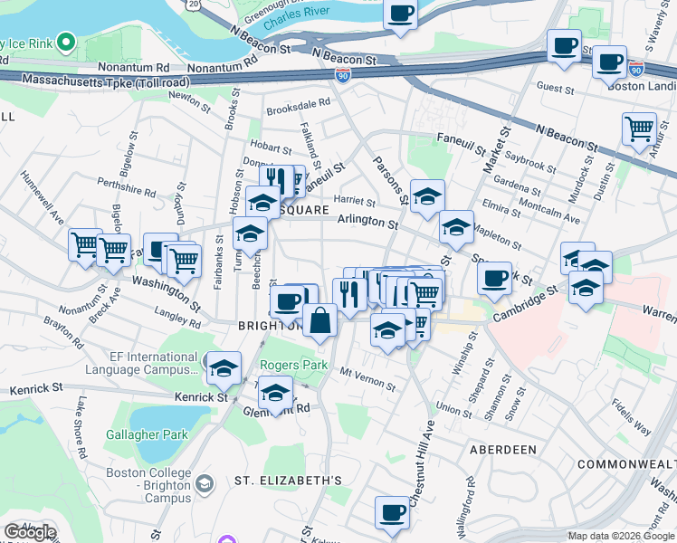 map of restaurants, bars, coffee shops, grocery stores, and more near 87 Surrey Street in Boston