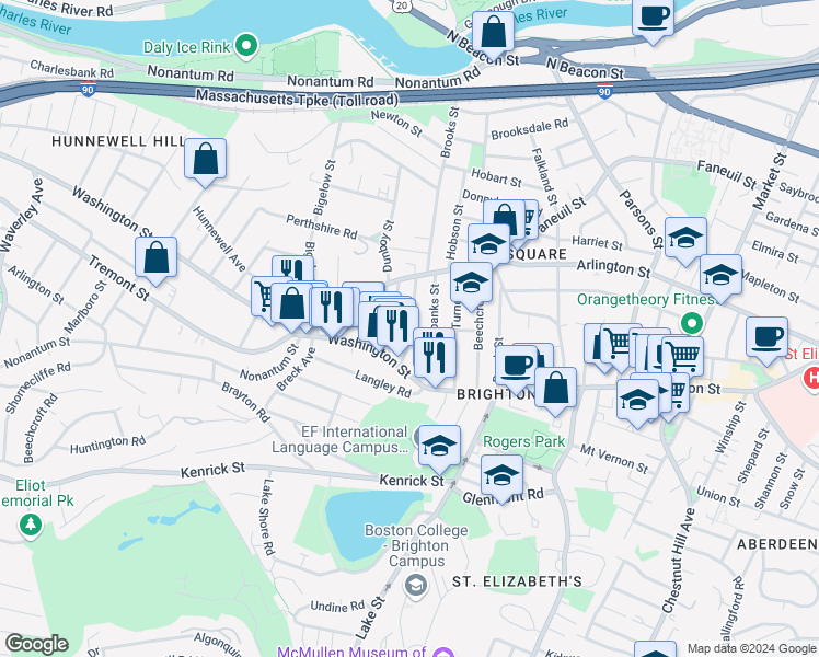 map of restaurants, bars, coffee shops, grocery stores, and more near 25-27 Montfern Avenue in Boston