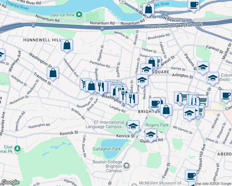 map of restaurants, bars, coffee shops, grocery stores, and more near 25-27 Montfern Avenue in Boston