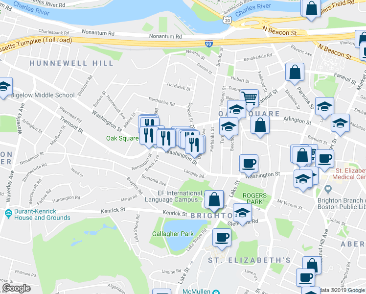 map of restaurants, bars, coffee shops, grocery stores, and more near 14 Brackett Street in Boston