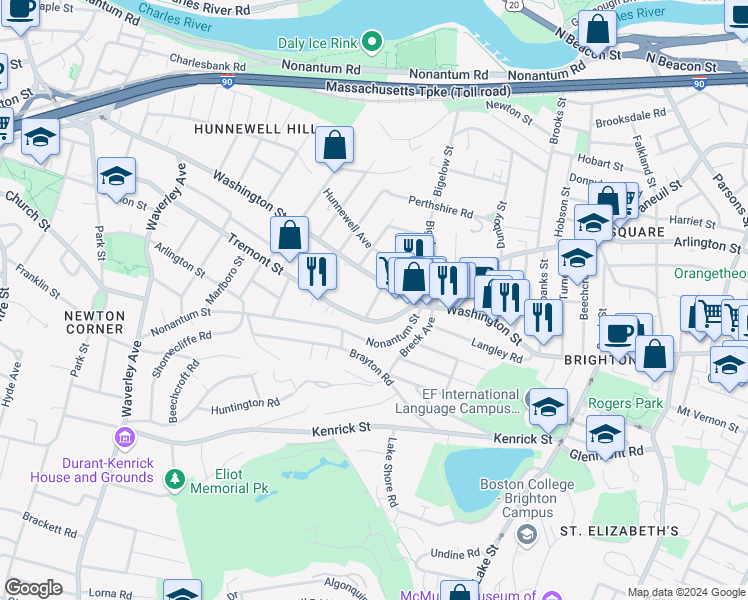 map of restaurants, bars, coffee shops, grocery stores, and more near 11 Tip Top Street in Boston