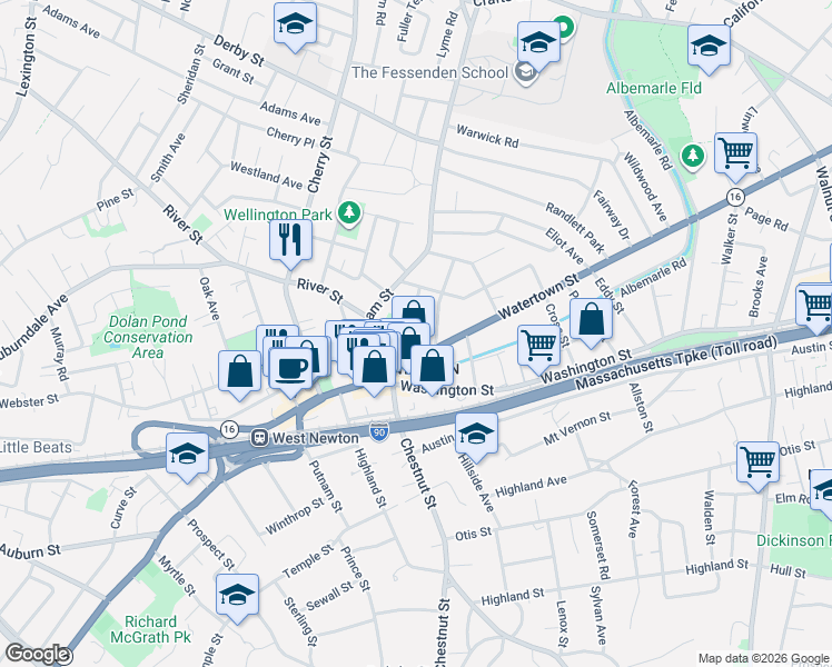 map of restaurants, bars, coffee shops, grocery stores, and more near 38 Eden Avenue in Newton