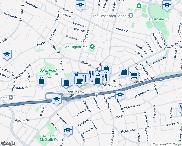 map of restaurants, bars, coffee shops, grocery stores, and more near 17 Warren Avenue in Newton