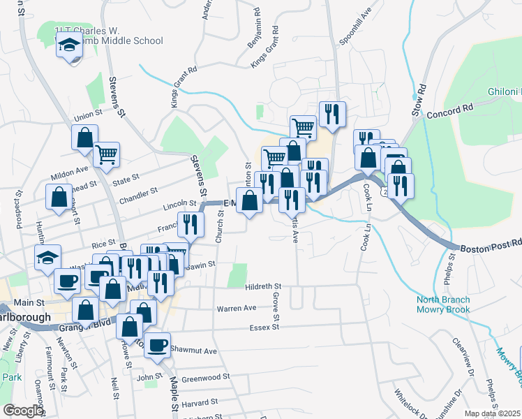 map of restaurants, bars, coffee shops, grocery stores, and more near 183 East Main Street in Marlborough