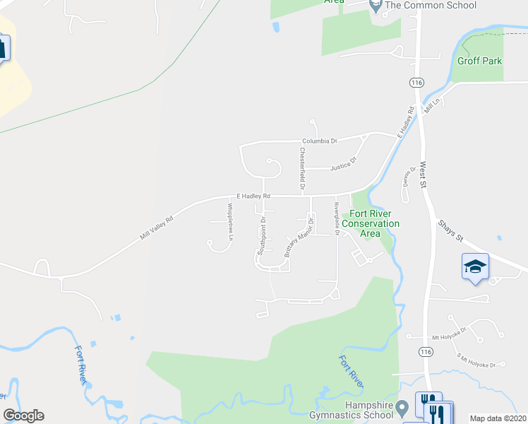 map of restaurants, bars, coffee shops, grocery stores, and more near 286 East Hadley Road in Amherst