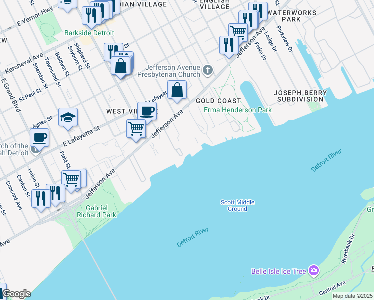 map of restaurants, bars, coffee shops, grocery stores, and more near 8120 East Jefferson Avenue in Detroit