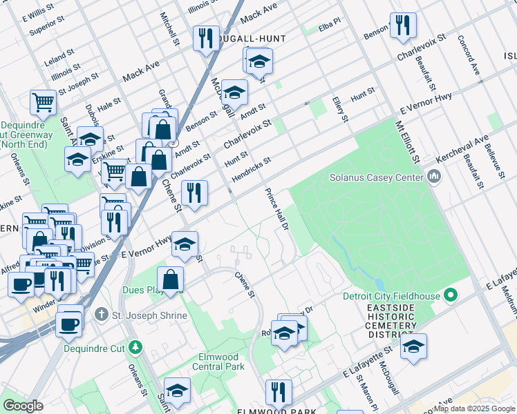 map of restaurants, bars, coffee shops, grocery stores, and more near 2920 East Vernor Highway in Detroit