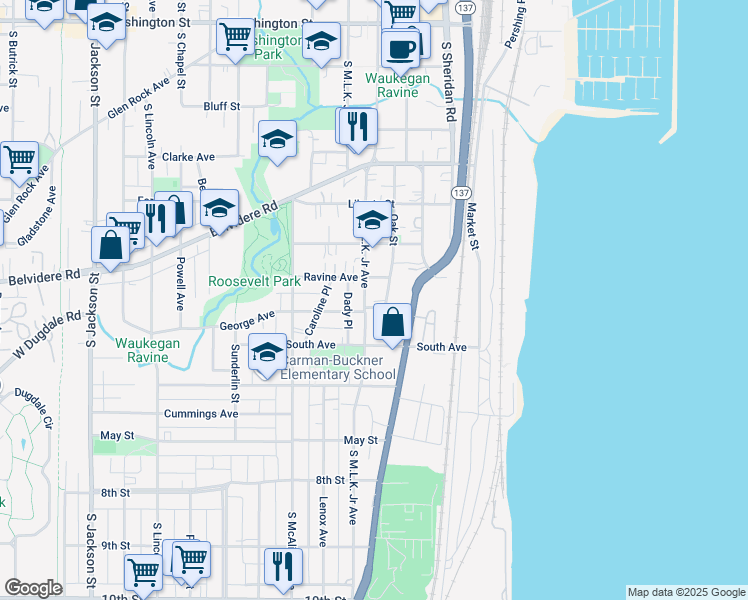 map of restaurants, bars, coffee shops, grocery stores, and more near 542 Oak Street in Waukegan