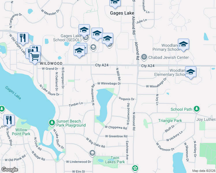 map of restaurants, bars, coffee shops, grocery stores, and more near 17951 West Winnebago Drive in Grayslake