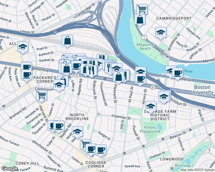 map of restaurants, bars, coffee shops, grocery stores, and more near 25 Adams Street in Brookline