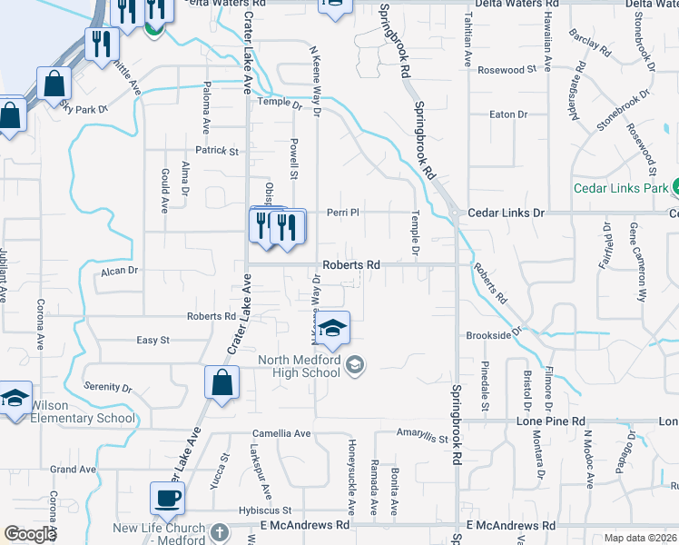 map of restaurants, bars, coffee shops, grocery stores, and more near 2218 Roberts Road in Medford