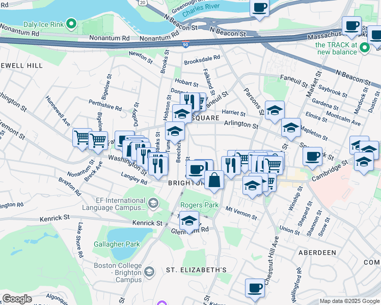 map of restaurants, bars, coffee shops, grocery stores, and more near 51 Brock Street in Boston