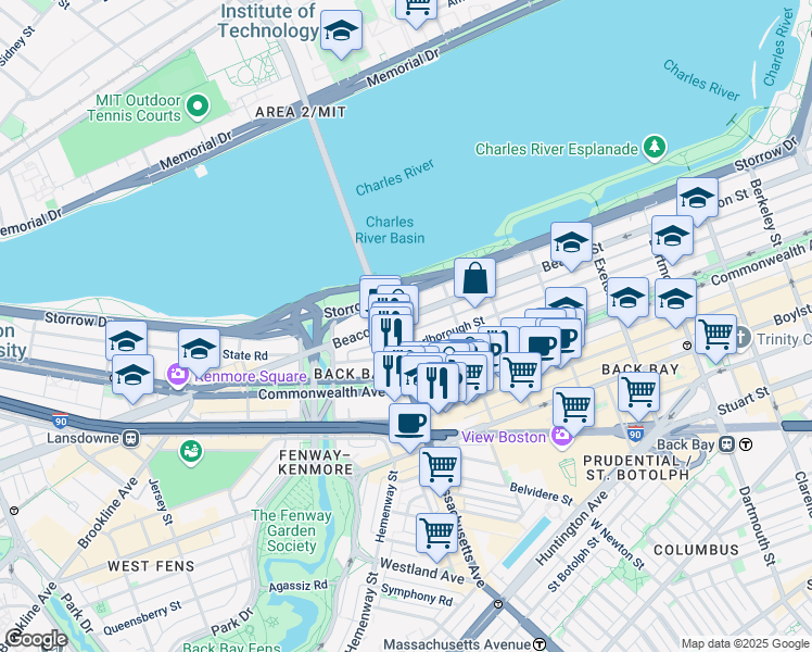 map of restaurants, bars, coffee shops, grocery stores, and more near 457 Beacon Street in Boston