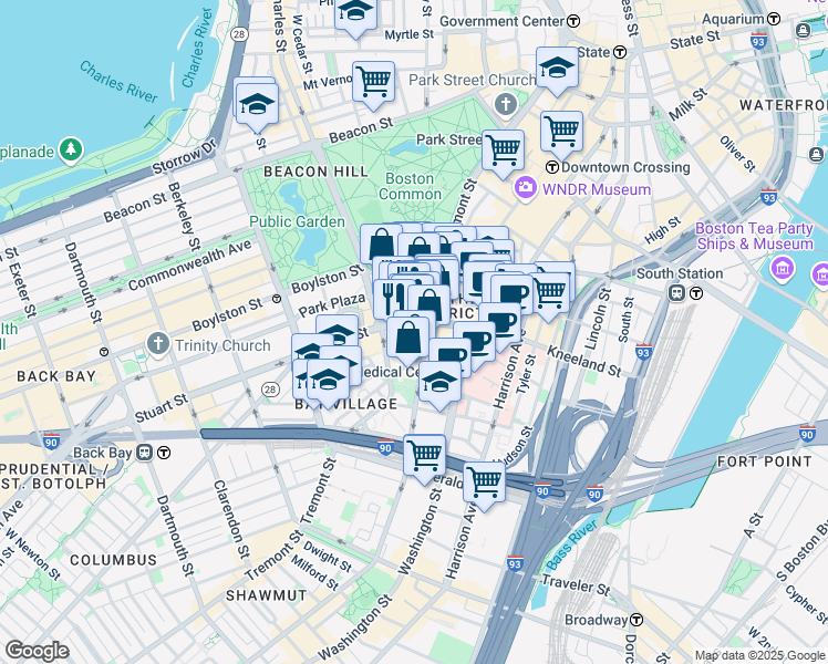 map of restaurants, bars, coffee shops, grocery stores, and more near 110 Stuart Street in Boston